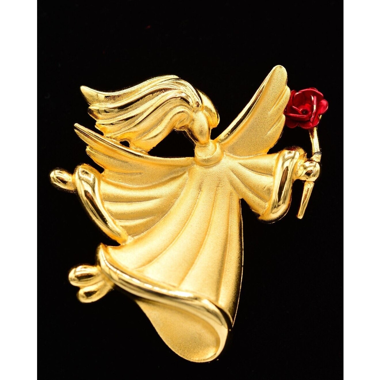 Tara Vintage Angel Pin Brooch Brushed Gold Red Rose Christmas Signed 1980s Binah